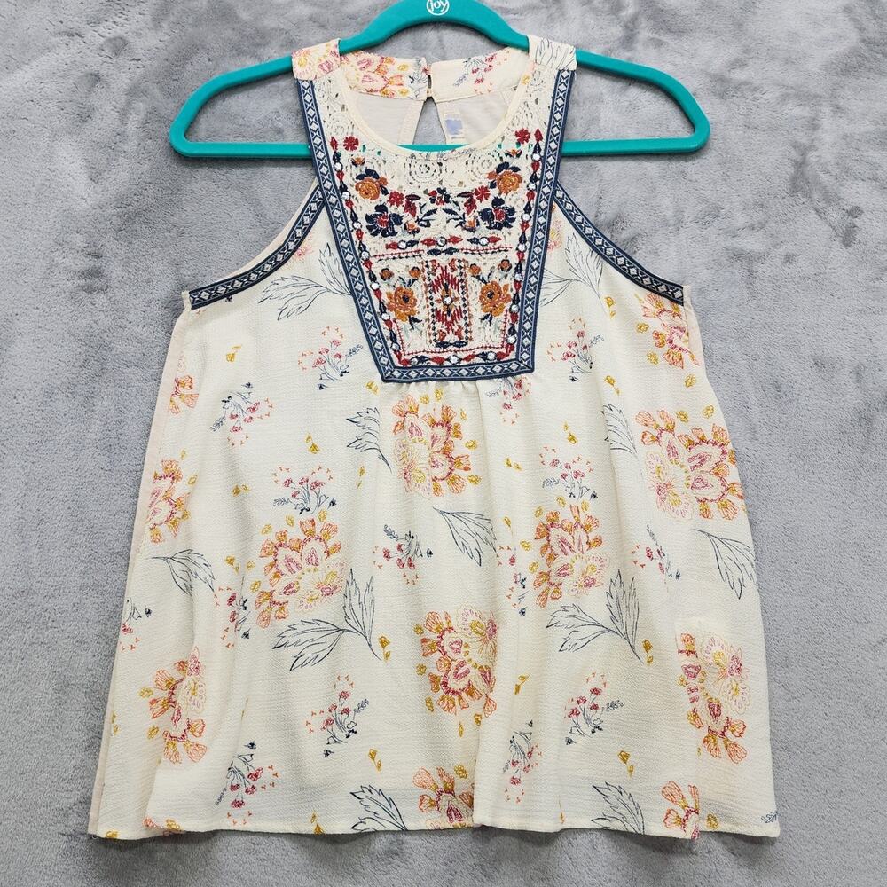 JOLT Top Womens S Cream Floral Crochet‎ Embroidered Trim Sleeveless Halter Tank